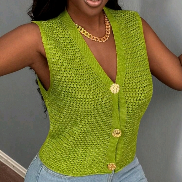 Trendy Green Metal Big Button V-Neck Sweater Vest, Hollow Out Cardigan - Picture 4 of 5